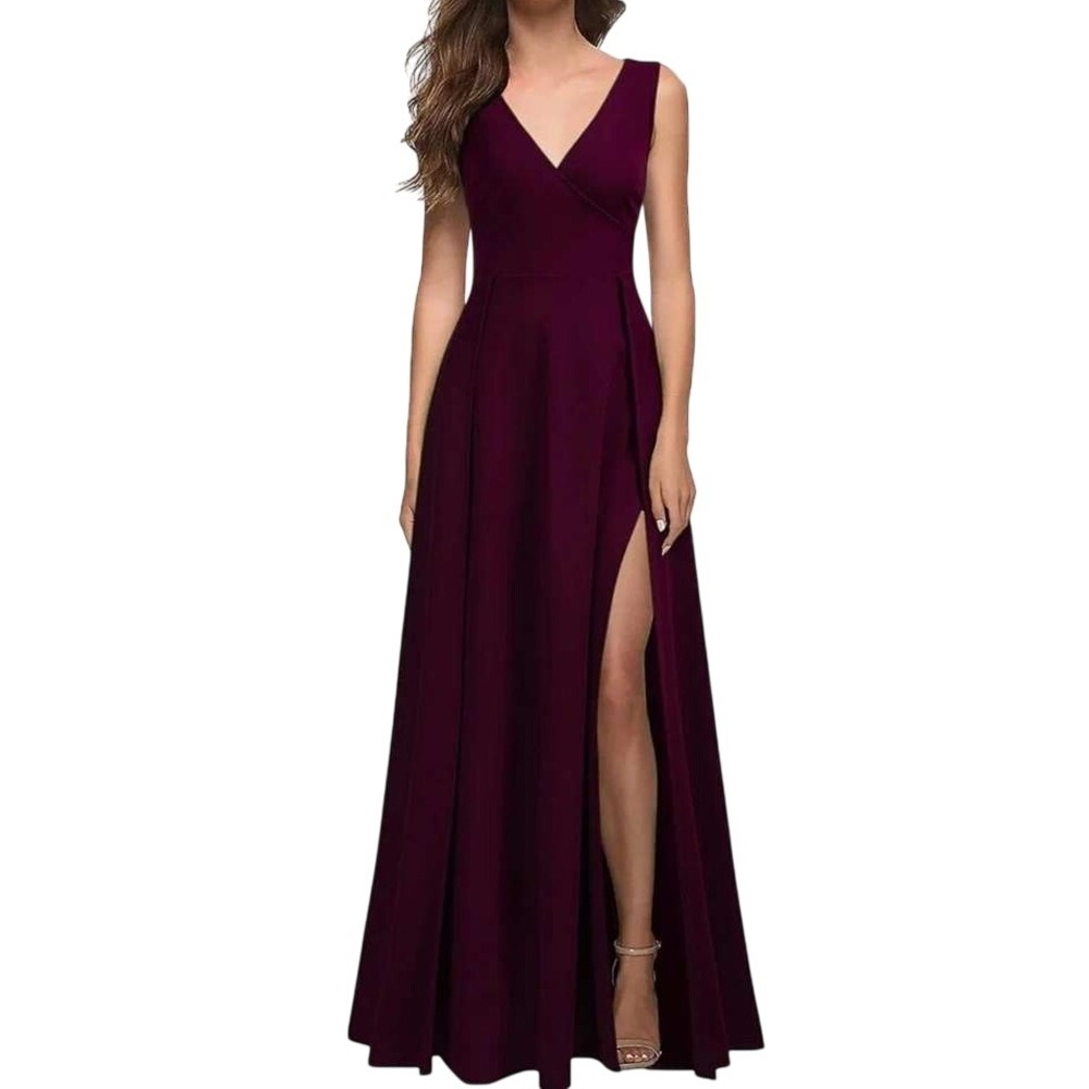 Mushare Burgundy Wine Faux Wrap V-Neck Maxi Dress Formal Gown Women Medium NEW
